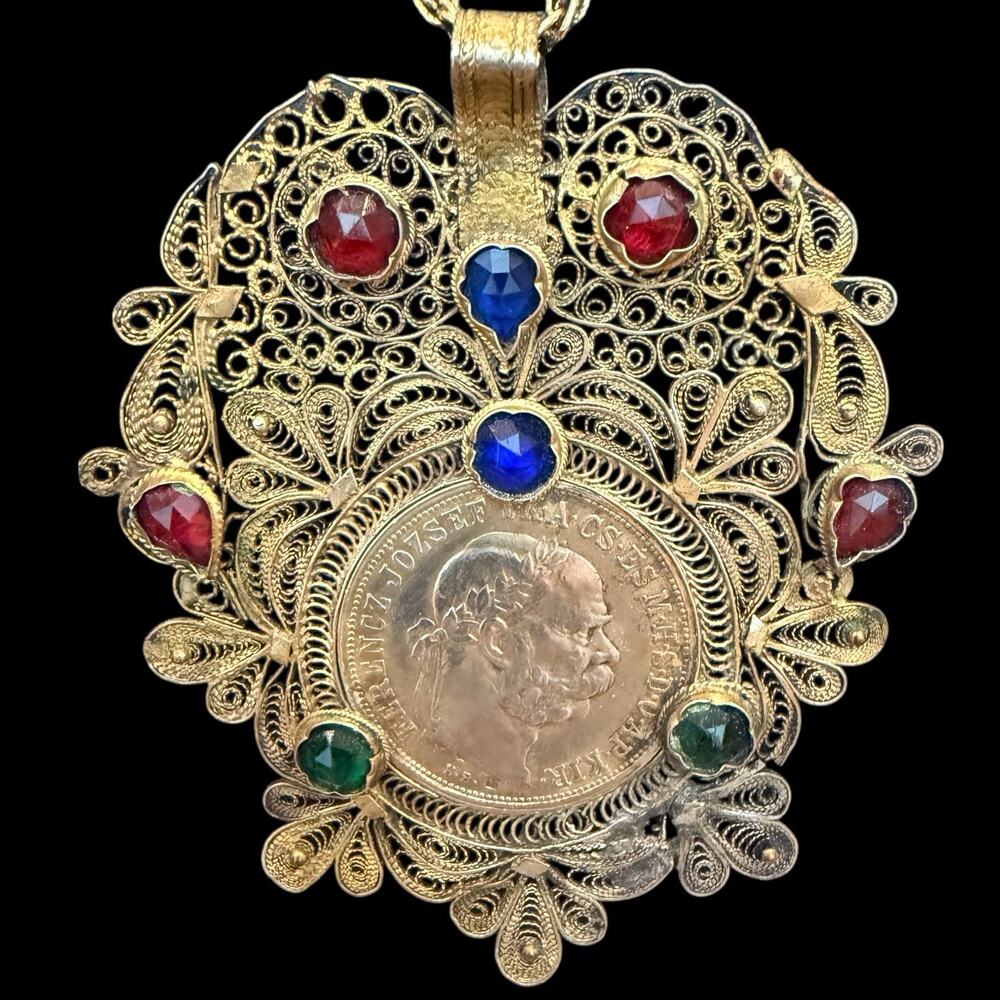 Ottoman Early 1900s Balkan Albanian Filigree Coin Pendant Traditional Folk Style